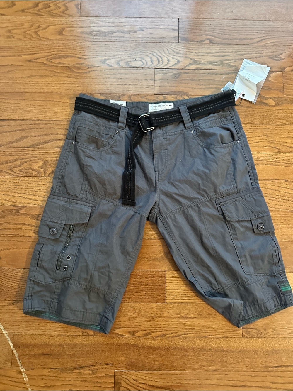 NWT Projek Raw Men's Belted 7 Pocket Gray Cargo Shorts Size 36 Zipper Pull On